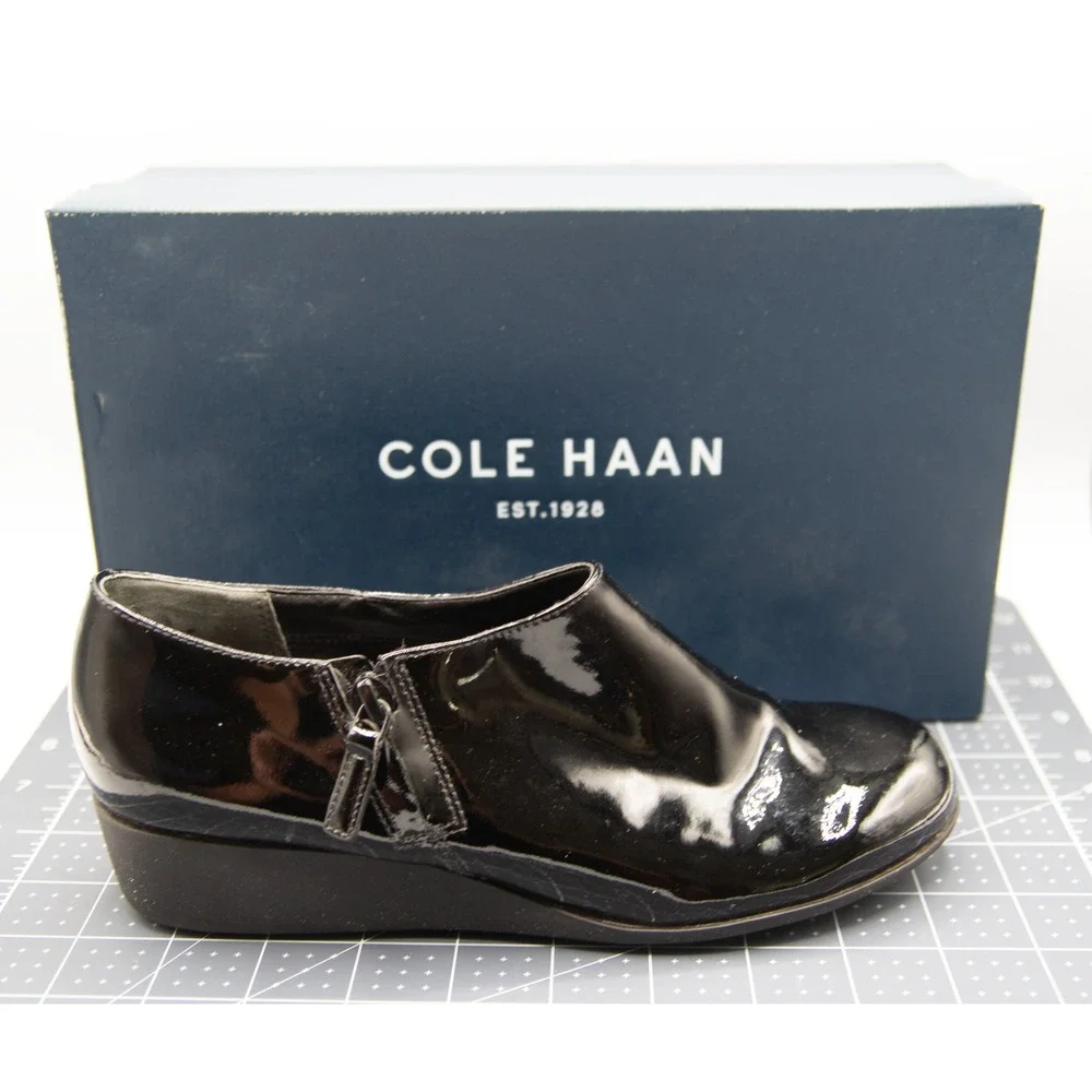 Cole Haan Grand.OS Black Patent Leather Waterproof Wedge Ankle Boots 6.5B